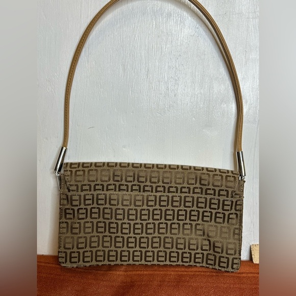 Vintage 90s Brown Monogram Shoulder Bag Jacquard Fabric Small Baguette Purse - Picture 2 of 10
